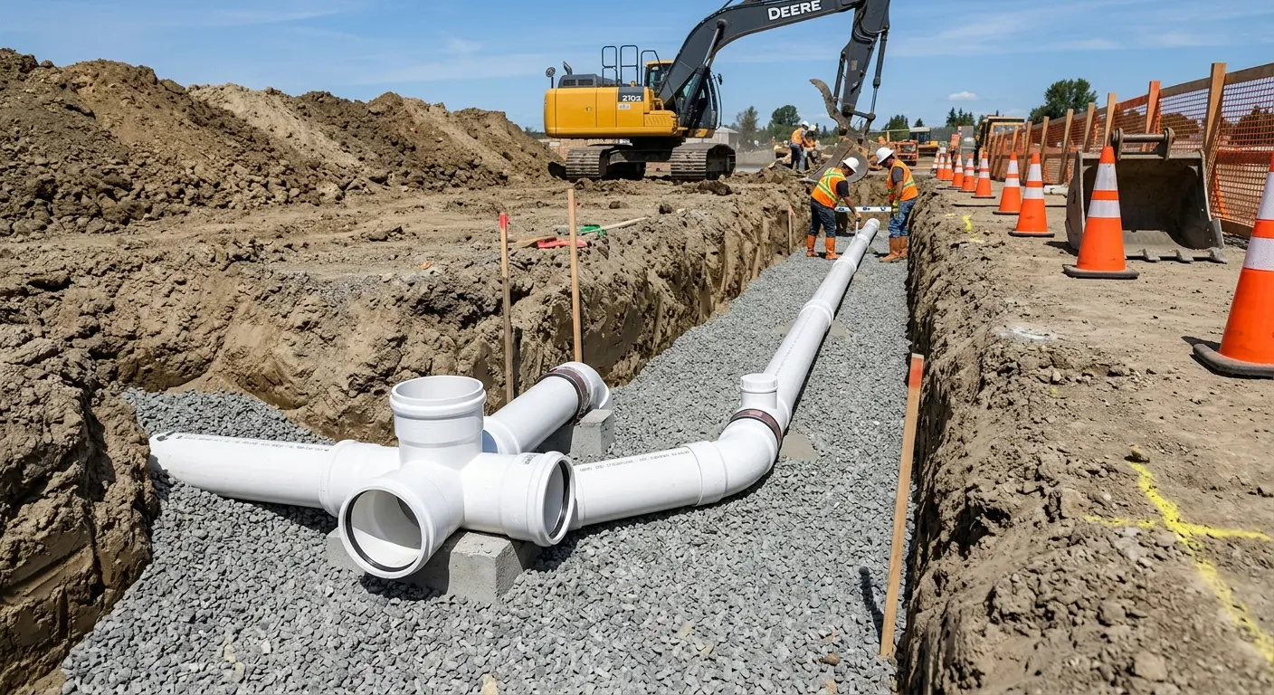 New PVC sewer pipe installation in open trench for Grease Trap Cleaning in Hamtramck