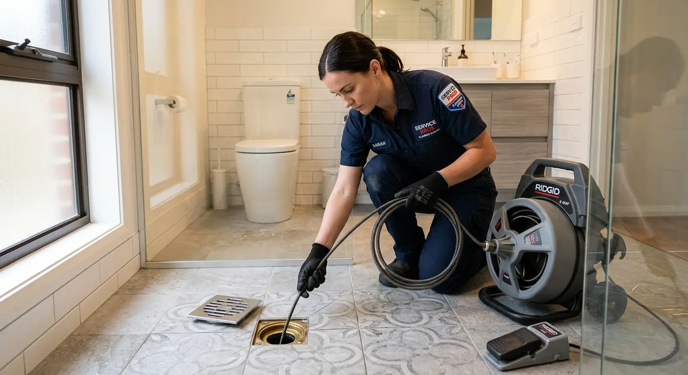 Technician clearing a bathroom floor drain for Hydro Jetting in Hamtramck